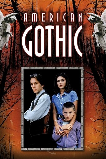The poster features three figures in a dark, eerie setting with a spooky orange and black color scheme. The title "American Gothic" is prominently displayed in bold white letters. The mood is mysterious and suspenseful, evoking a sense of danger and intrigue.