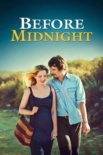 The poster features a pregnant woman and a man walking hand-in-hand against a serene, sunlit countryside backdrop. The warm, golden hues of the landscape evoke a sense of romance and tranquility, while the title "Before Midnight" hints at a romantic suspense drama.