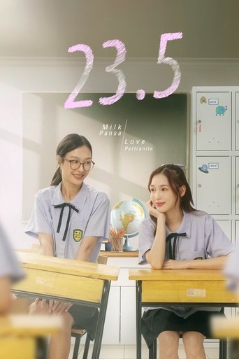 The poster features two students in school uniforms, one with glasses and the other without, sitting at desks with a globe. The warm lighting and soft colors create a cozy, inviting atmosphere. The title "23.5" is prominently displayed in purple, suggesting a special episode or special day.