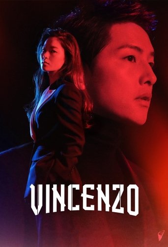 The poster features a dramatic scene with two characters illuminated by intense red and blue lighting. The mood is mysterious and suspenseful, suggesting a thriller or drama. The bold title "VINCENZO" anchors the composition, emphasizing the central figure's prominence.