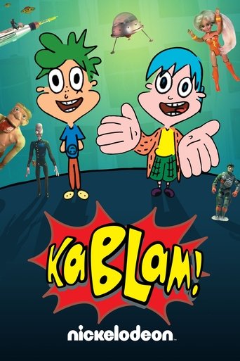 The poster features two animated characters with vibrant green and blue hair, giving a playful and energetic vibe. The background is filled with colorful elements like a robot, a bird, and a dog, suggesting a lively, adventurous setting. The bold red "KaBlam!" title and the Nickelodeon logo empha...