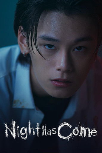 The poster features a young man with dark hair and piercing blue eyes, exuding mystery and intensity. The muted blue and black tones create a somber, atmospheric mood, while the title "Night Has Come" in white text adds a dramatic touch.