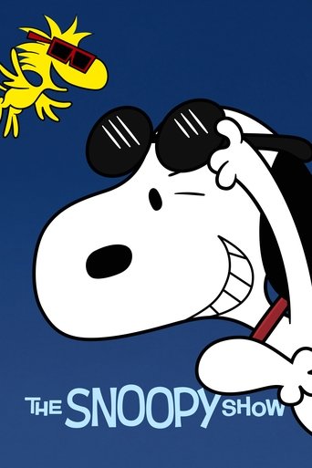 The Snoopy Show poster features Snoopy wearing sunglasses and a red tie against a deep blue background. A yellow bird with sunglasses perches nearby, adding to the playful, cartoonish atmosphere. The overall mood is cheerful and lighthearted, capturing the essence of classic animation.