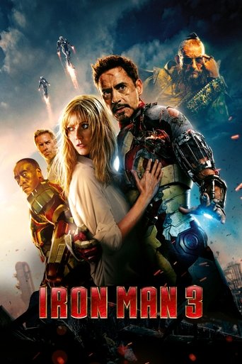 The poster features a dramatic scene with Iron Man, Tony Stark, and a woman in a white dress, set against a backdrop of explosions and futuristic city lights. The colors are intense, with fiery oranges and deep blues creating a sense of action and urgency. The mood is one of high tension and hero...