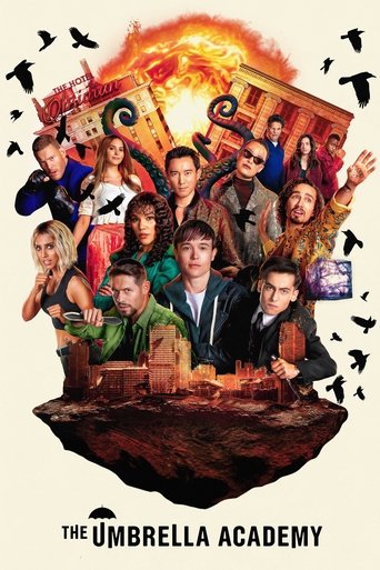 The poster features a vibrant collage of diverse characters from "The Umbrella Academy" gathered around a mysterious, glowing orb. The warm orange and red hues create a dramatic, magical atmosphere, while black birds add a sense of mystery and adventure. The ensemble cast exudes excitement and ca...