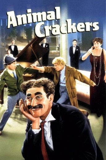 The poster features a comedic scene with a man in a suit holding a microphone, surrounded by other characters in various poses. The background includes a horse, a man in a suit, and a woman in a dress. The colors are vibrant, with blues, greens, and warm tones. The mood is humorous and lightheart...