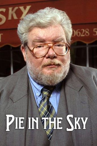 The poster features a weathered man with gray hair and a beard, wearing glasses and a suit, exuding a nostalgic, slightly melancholic mood. The warm tones of the background and the man's attire create a cozy, inviting atmosphere, while the bold white text "PIE IN THE SKY" anchors the image with a...