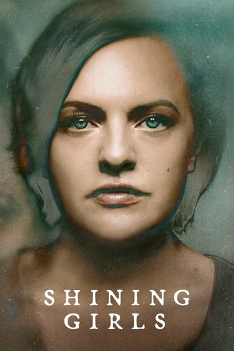The poster features a close-up of a woman with striking blue eyes, her expression serious and contemplative. The muted green and gray tones create a somber, mysterious atmosphere. The title "Shining Girls" is prominently displayed in bold white letters at the bottom, emphasizing the show's intrig...