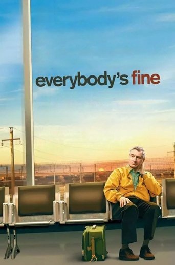 The movie poster features a man in a yellow jacket sitting on a bench in a large, sunlit room with a view of a city skyline. The warm colors of the man's clothing contrast with the cool blue sky, creating a relaxed yet slightly humorous atmosphere. The text "everybody's fine" is prominently displ...