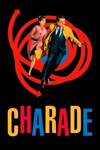 This vibrant movie poster for "Charade" features a man in a sharp suit and a woman in a pink dress dancing energetically against a bold red swirl. The playful, colorful design exudes a lively, comedic mood, capturing the essence of the film's humor and charm.