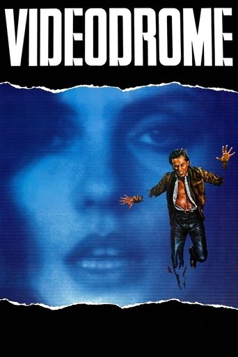 The poster features a man in a leather jacket and tie, seemingly floating or suspended against a deep blue background. A close-up of a woman's face dominates the upper portion, with her eyes wide and mouth slightly open. The title "VIDEODROME" is boldly displayed at the top in white letters. The ...
