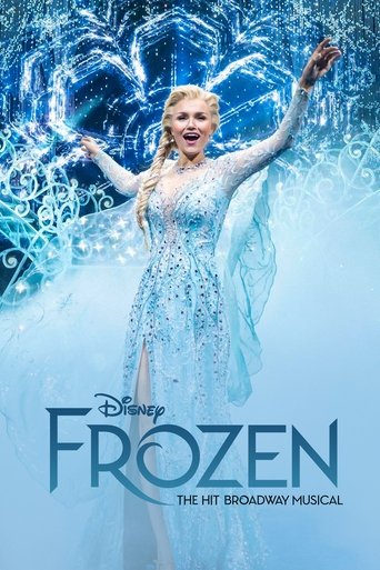 The poster features Elsa in a shimmering, icy blue gown with wings, exuding elegance against a backdrop of swirling, frozen magic. The vibrant blue and white color scheme evokes a magical, wintry atmosphere, while the Disney logo and title suggest a beloved musical story.