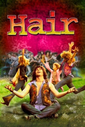 This vibrant movie poster features a central figure in a meditative pose surrounded by energetic dancers in colorful outfits, all set against a dynamic background of swirling reds and greens. The title "Hair" is prominently displayed at the top in bold, stylized letters. The overall mood is one o...