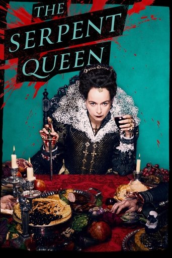 The poster features a regal woman in ornate black and white fur, holding a goblet against a teal backdrop. The scene is set with a lavish table laden with food and candles, suggesting a royal feast. The dramatic lighting and rich colors evoke a sense of mystery and intrigue, hinting at the show's...