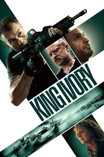 The poster features intense action with three men in tactical gear, holding weapons. The colors are dark green and black, creating a gritty, suspenseful atmosphere. The title "King Ivory" is prominently displayed in bold, metallic letters, emphasizing the film's action-packed nature.