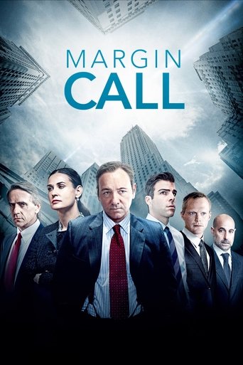 The poster features a group of six men in suits against a backdrop of towering skyscrapers, suggesting a financial crisis. The muted tones and shadowy figures evoke a sense of tension and drama, while the bold blue text "Margin Call" stands out as the central theme.