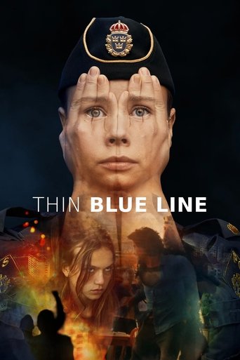 The poster features a woman in a military cap with her hands pressed to her forehead, conveying a sense of vigilance and determination. The background is filled with vibrant colors—reds, oranges, and yellows—suggesting danger and urgency. The title "Thin Blue Line" is prominently displayed in bol...