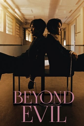The poster features silhouettes of two figures sitting at a table in a dimly lit hallway, evoking a somber and mysterious atmosphere. The title "BEYOND EVIL" is prominently displayed in bold, pink letters, suggesting themes of mystery, danger, or supernatural elements.
