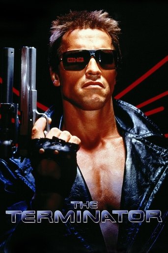 The Terminator poster features a muscular man in sunglasses, holding a gun with a determined expression. The dark background with red accents creates a dramatic and intense atmosphere. The metallic text at the bottom emphasizes the film's title.