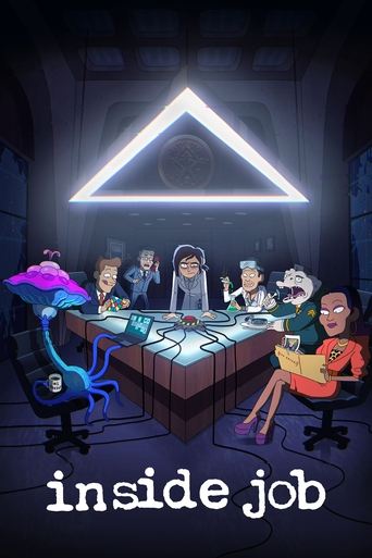 The poster features a group of animated characters gathered around a glowing triangle, creating a mysterious and slightly eerie atmosphere. The characters are dressed in colorful, futuristic attire, suggesting a sci-fi setting. The dim lighting and dark background enhance the suspenseful mood, wh...