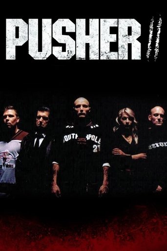 The poster features six figures in dimly lit, gritty environments against a stark black background. The title "PUSHER II" dominates the top in bold, distressed white lettering. A splash of red at the bottom suggests danger or violence. The overall mood is intense and suspenseful, hinting at a hig...