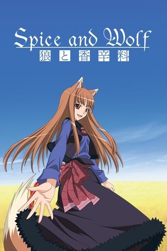 The poster features a young girl with fox ears, wearing a blue and red outfit, sitting on a grassy hill under a clear blue sky. The title "Spice and Wolf" is elegantly written at the top in white text. The overall mood is serene and magical, capturing the essence of the anime's fantasy world.