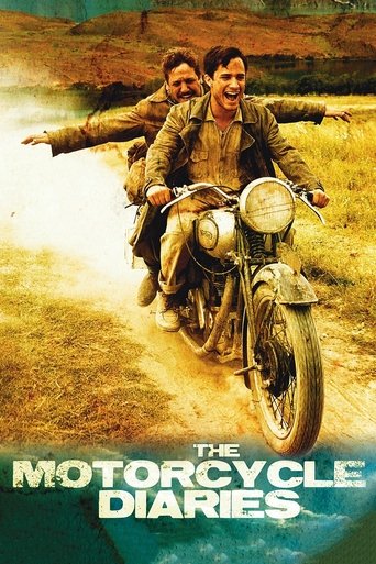 The poster features two men riding a vintage motorcycle through a dusty, sunlit landscape, evoking a nostalgic and adventurous mood. The warm tones of the background contrast with the cool blues of the title text, creating a visually striking composition that captures the essence of their journey.