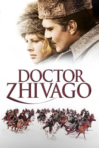 The poster features a dramatic portrait of a man and woman in fur hats, evoking a historical war scene. The title "Doctor Zhivago" is prominently displayed in bold, elegant lettering. Below, a group of soldiers on horseback adds to the epic atmosphere, suggesting a story of valor and conflict.