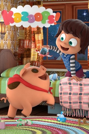 The poster features a cheerful young boy with dark hair and a striped shirt, holding a small blue toy. Beside him, a large, friendly brown pig with a red collar stands on a colorful rug. The background includes a cozy living room with shelves and a window, creating a warm and inviting atmosphere....