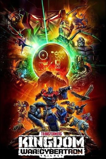 The poster features a dramatic scene with towering Cybertronian figures in vibrant colors like red, blue, and green, surrounded by glowing energy and mystical symbols. The central figure stands confidently atop a rocky landscape, while smaller warriors and creatures surround him, creating a sense...