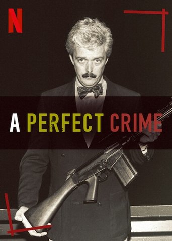 The poster features a man with a mustache and white hair, wearing a dark suit and bow tie, holding an assault rifle. The title "A PERFECT CRIME" is prominently displayed in bold letters. The overall mood is serious and dramatic, with a red "N" logo in the top left corner.