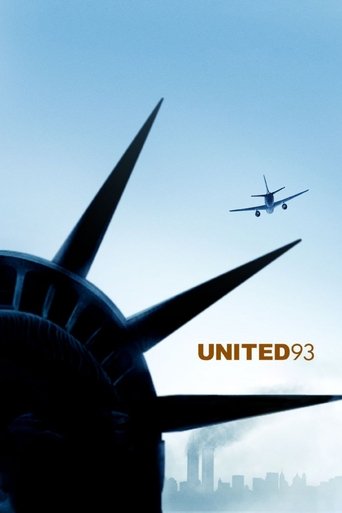 The poster features a silhouette of the Statue of Liberty against a clear blue sky, with a small airplane flying overhead. The title "UNITED 93" appears in bold, golden letters. The overall mood is one of adventure and freedom, evoking the spirit of the 9/11 attacks.