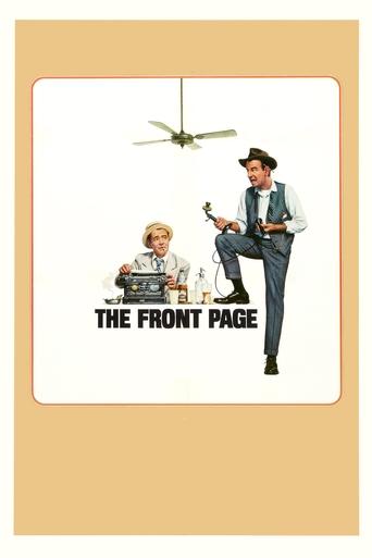 This vintage movie poster features a man in a suit and hat sitting on a chair while a woman sits at a desk, surrounded by bottles. The sepia-toned illustration evokes a nostalgic, mid-century atmosphere, with the bold text "THE FRONT PAGE" anchoring the scene.