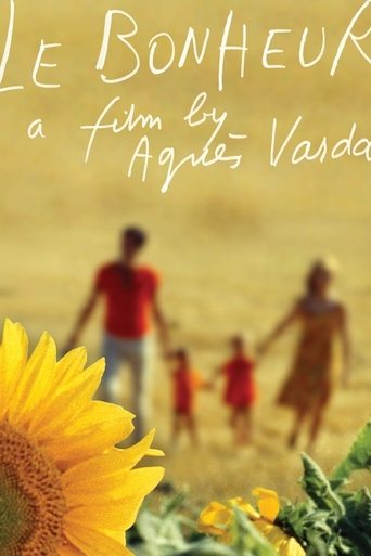 The poster features a warm, golden sunset backdrop with silhouetted figures of a family walking hand in hand. Vibrant yellow sunflowers dominate the foreground, symbolizing joy and life's beauty. The text "LE BONHEUR" and "a film by Agnès Varda" hints at a heartfelt, emotional story about finding...