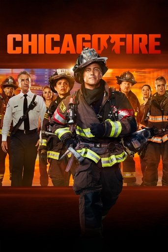 The poster features a firefighter in the foreground with a determined expression, surrounded by other crew members in the background. The warm orange and red tones evoke urgency and danger, while the bold title "Chicago Fire" sets the tone for a dramatic and intense storyline.