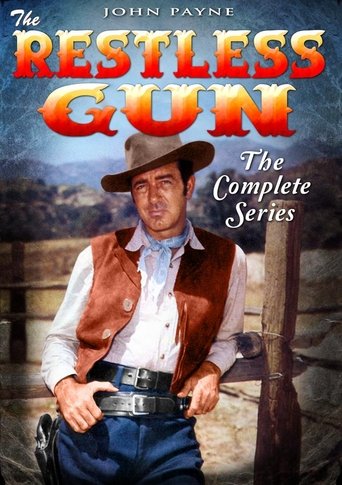 The poster features John Payne in a rugged cowboy outfit against a dusty, sunlit backdrop. The title "The Restless Gun" glows in fiery red and orange, evoking danger and excitement. The overall mood is adventurous and thrilling, capturing the essence of a classic Western drama.