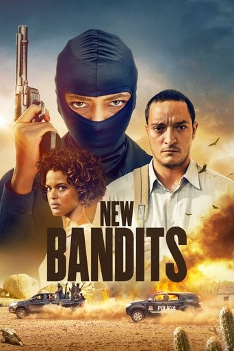 The poster features a gritty desert scene with a masked gunman holding a gun, a man in a white shirt, and a woman with curly hair. The colors are earthy and intense, conveying a sense of danger and action. The title "NEW BANDITS" is prominently displayed in bold, dark letters, emphasizing the the...