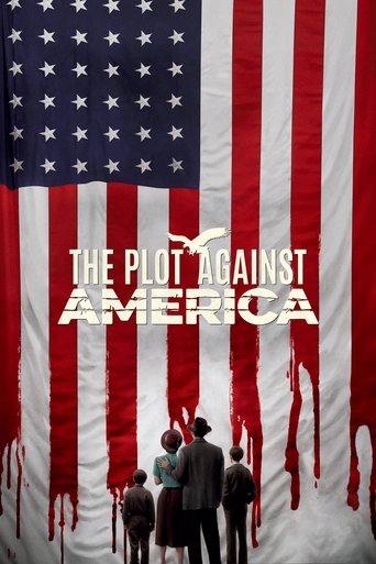 The poster features silhouettes of people against a backdrop of the American flag, with red and white stripes and blue field. Blood drips down the flag, suggesting violence and conflict. The title "The Plot Against America" is prominently displayed in bold white letters. The overall mood is sombe...
