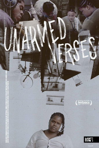 The poster features a collage of people in various poses, suggesting a narrative of struggle or resilience. The muted, sepia-toned color scheme evokes a somber and reflective mood, while the bold, distressed typography of "UNARMED VERSES" adds a sense of urgency and defiance.