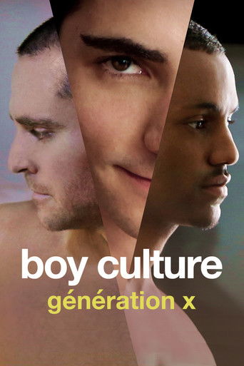 The poster features a split-screen of three men, each with a distinct expression, hinting at their unique personalities. The colors are muted, with a focus on skin tones and neutral tones, creating a somber yet intriguing atmosphere. The title "Boy Culture: Generation X" is prominently displayed ...