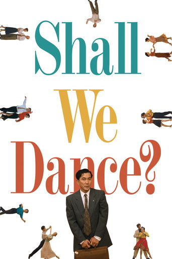 The poster features a man in a suit standing center stage against a white background, surrounded by floating figures of dancers in various poses. The title "Shall We Dance?" is prominently displayed in bold, colorful letters. The overall mood is energetic and playful, suggesting a fun and engagin...