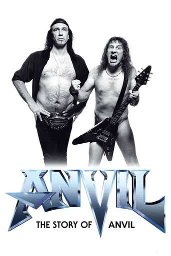 The poster features two muscular men in black and white, one shirtless and the other wearing a black shirt. The title "ANVIL" is prominently displayed in bold, metallic letters with a star design. The overall mood is intense and dramatic, capturing the gritty essence of the band's rock and roll s...