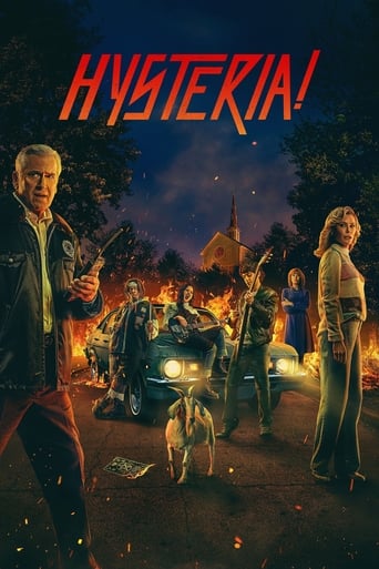 This TV show poster for "Hysteria!" captures a chaotic, supernatural horror scene with a dark, ominous atmosphere. The poster features intense red and orange hues, evoking fear and danger. A group of people stands in a tense standoff, with one character holding a weapon, while another looks on wi...
