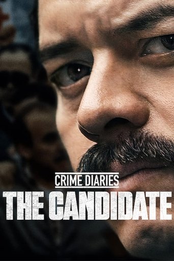 The poster features a close-up of a man with a mustache, his intense gaze directed forward. The background is dark and shadowy, suggesting mystery and suspense. The title "Crime Diaries: The Candidate" is prominently displayed in bold white letters, emphasizing the gritty and dramatic tone of the...