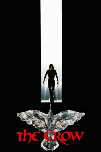 The dark poster features a lone figure standing in a stark white doorway, surrounded by shadow and mystery. The title "The Crow" appears in bold red letters at the bottom, evoking a sense of ominous power and intrigue.