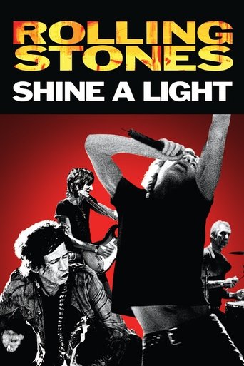 The poster features a dynamic black-and-white image of Rolling Stones performing on stage, with a powerful, energetic mood. The bold red background contrasts sharply with the black-and-white figures, emphasizing the band's iconic presence.