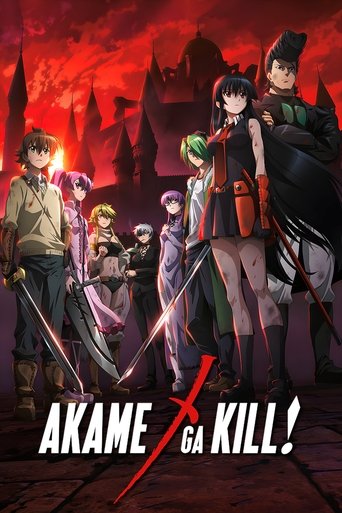 This anime poster features a dramatic scene with a group of young characters standing against a fiery, ominous sky. The characters are depicted in dynamic poses, some wielding weapons, suggesting action and adventure. The intense red and black color scheme creates a sense of danger and urgency, w...