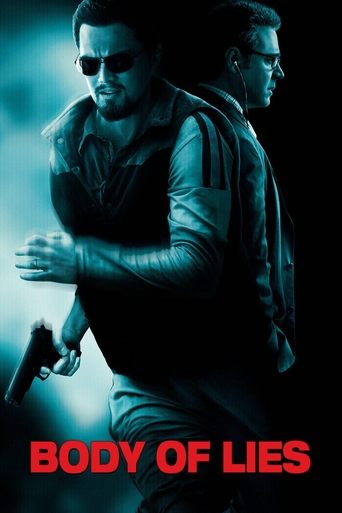The poster features two men in tactical gear, one holding a gun, set against a dark, moody background with cool blue tones. The title "BODY OF LIES" is prominently displayed in bold red letters at the bottom, evoking a sense of danger and suspense.