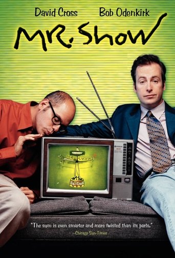 The poster features two men in a comedic setting, with one leaning over a vintage CRT TV displaying a surreal image of a man in a suit. The background is a vibrant green with bold yellow text, creating a playful and humorous atmosphere. The mood is lighthearted and entertaining, capturing the ess...