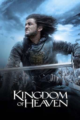 The poster features a rugged warrior with long hair and armor, wielding a sword against a dramatic sky. The title "Kingdom of Heaven" is prominently displayed in bold, metallic lettering. The overall mood is intense and epic, suggesting a fantasy adventure.